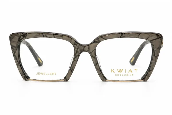 Cat-eye eyeglasses in dark marbled acetate with gold accents, front view