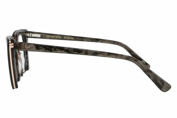 Side view of tortoiseshell eyeglasses with thick frames and curved temple arms