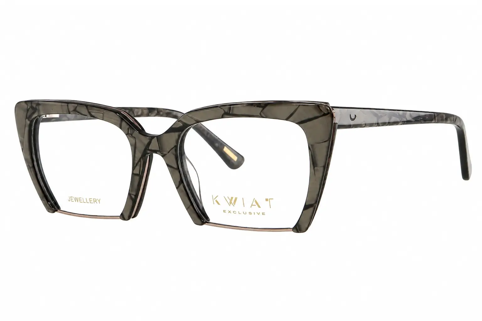 Oversized square eyeglasses with a dark marbled frame and gold branding on the lens (KWAT Exclusive).